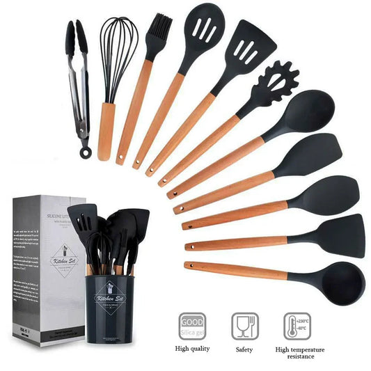 12-Piece Silicone Kitchen Utensils Set with Wooden Handles and Storage Bucket – Non-Stick Spatulas, Spoons, and Cooking Tools