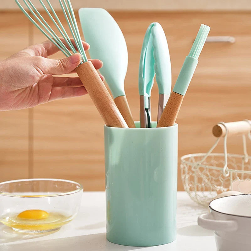 12-Piece Silicone Kitchen Utensils Set with Wooden Handles and Storage Bucket – Non-Stick Spatulas, Spoons, and Cooking Tools