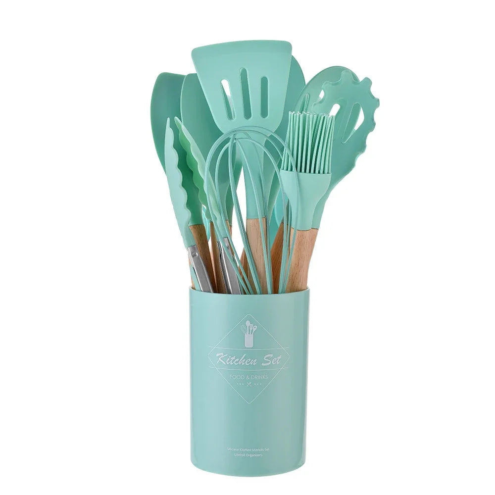 12-Piece Silicone Kitchen Utensils Set with Wooden Handles and Storage Bucket – Non-Stick Spatulas, Spoons, and Cooking Tools