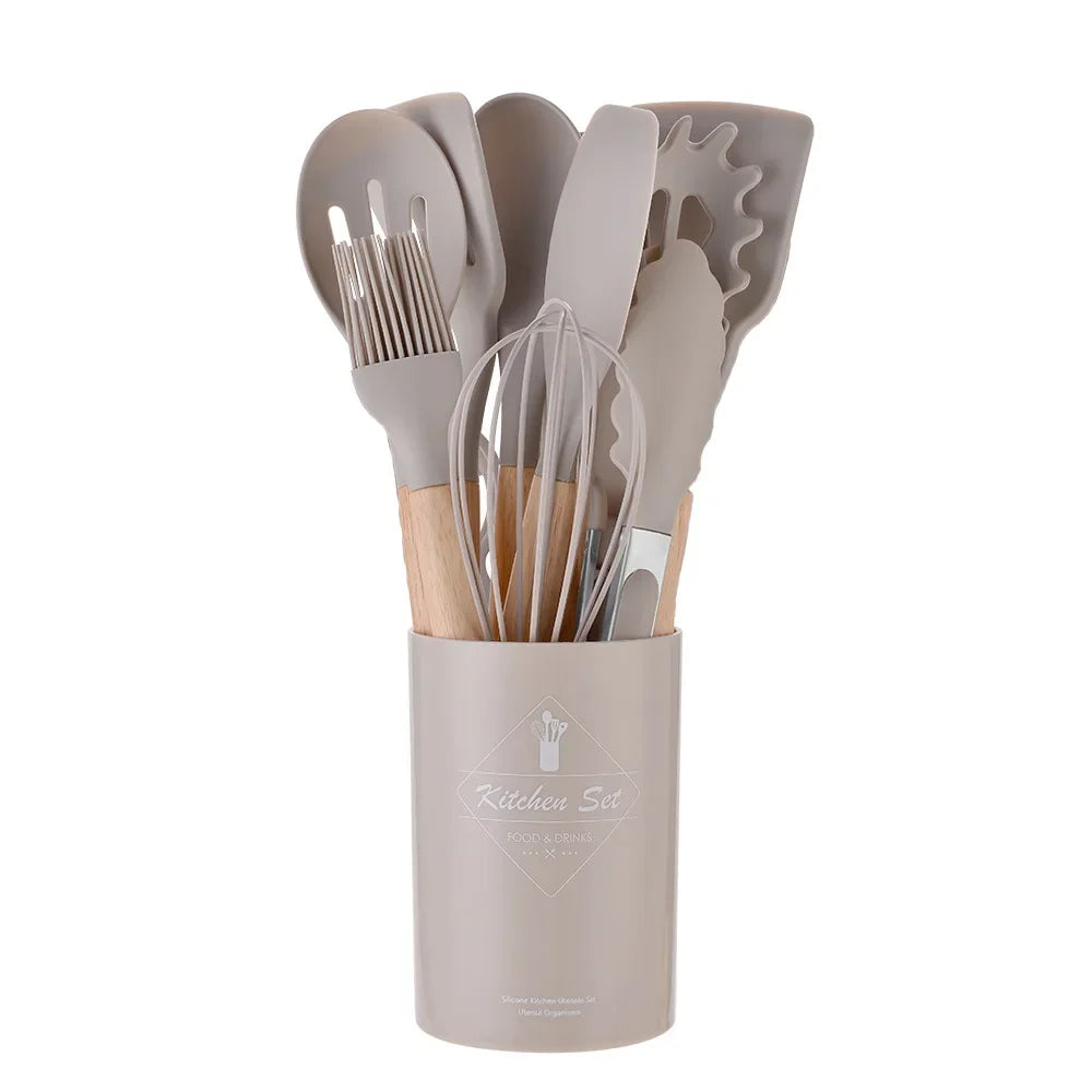 12-Piece Silicone Kitchen Utensils Set with Wooden Handles and Storage Bucket – Non-Stick Spatulas, Spoons, and Cooking Tools