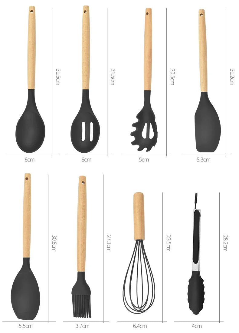 12-Piece Silicone Kitchen Utensils Set with Wooden Handles and Storage Bucket – Non-Stick Spatulas, Spoons, and Cooking Tools